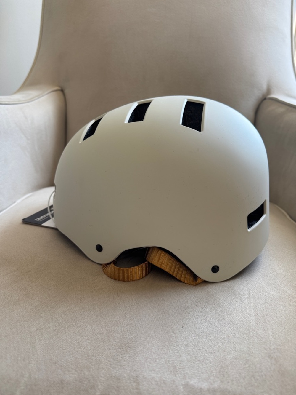 Matte Cream Commuter Helmet with Mustard Chin Strap